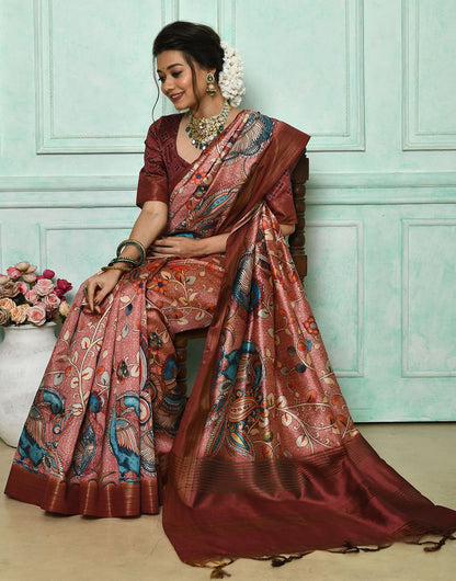 Syrah Brown Soft Tussar Silk Saree With Kalamkari Printed Work