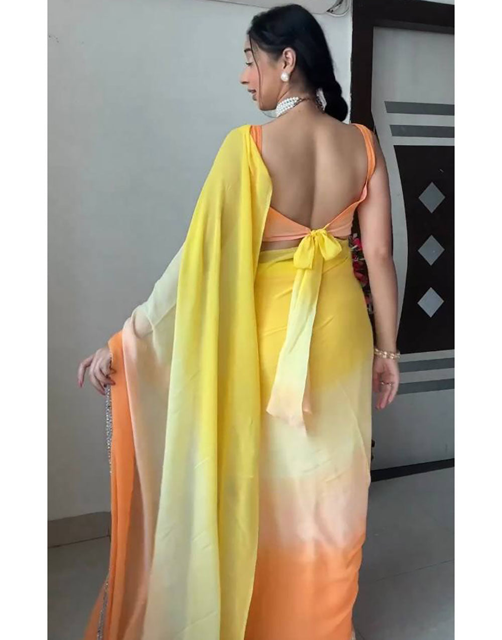 Yellow & Orange Georgette With Printed Ready to Wear Saree