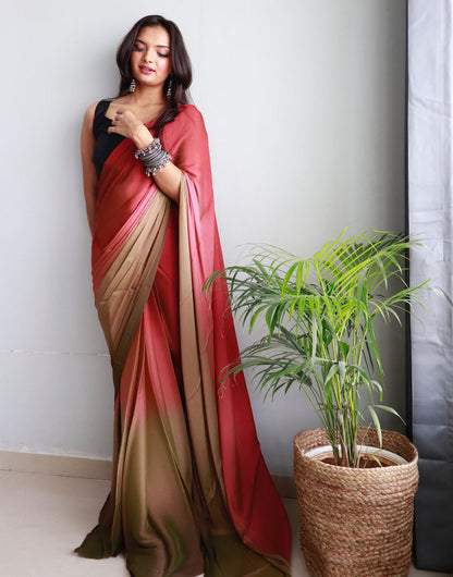 Pink & Brown Chiffon Silk Ready To Wear Saree