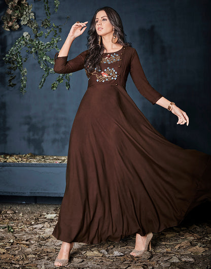 Brown Rayon With Heavy Embroidery Long Kurti