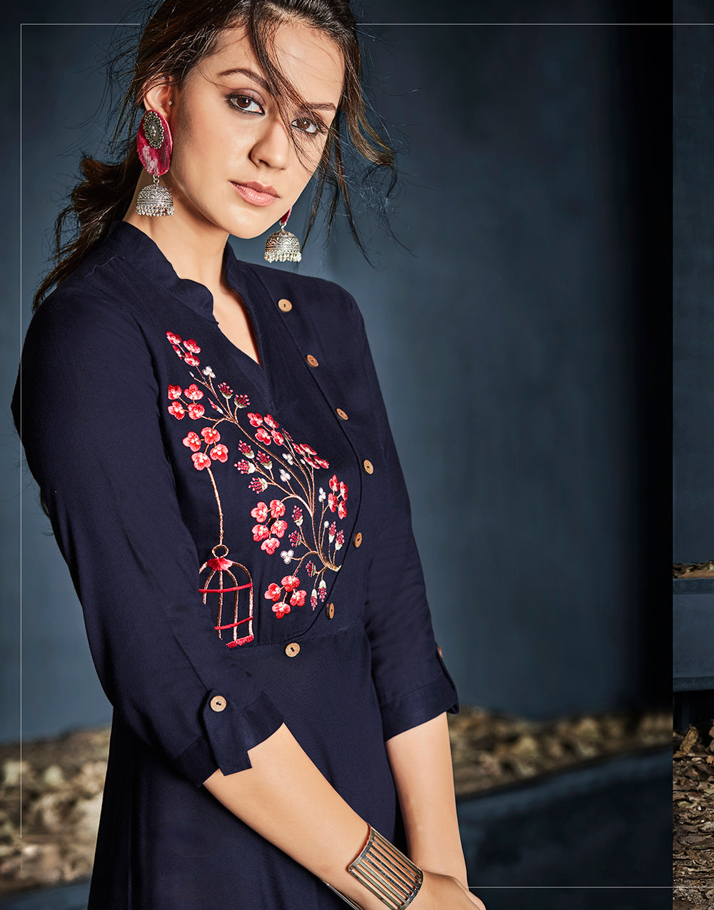 Dark Navy Blue Rayon With  Heavy Embroidery Long Kurti