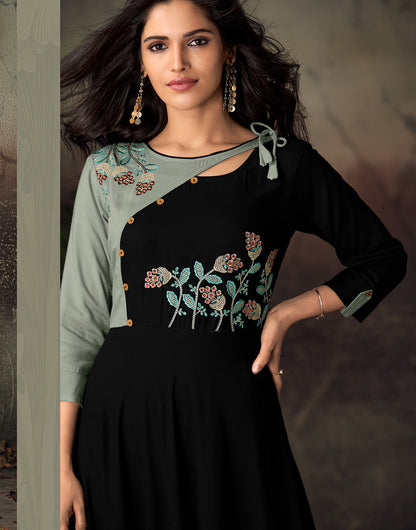 Black & Sea Green Rayon With Heavy Embroidery Long Kurti