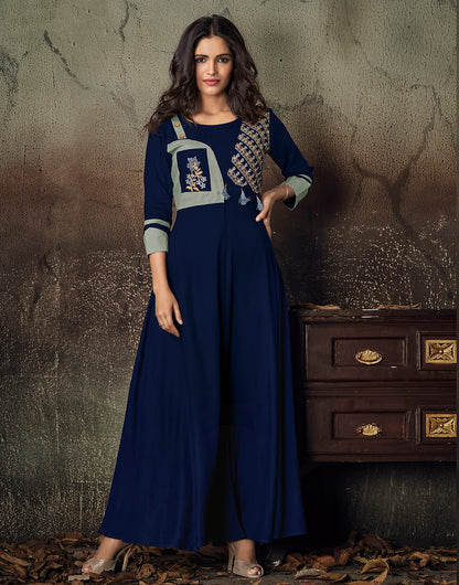 Navy Blue Rayon With Heavy Embroidery Long Kurti