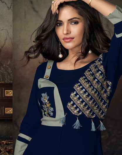 Navy Blue Rayon With Heavy Embroidery Long Kurti