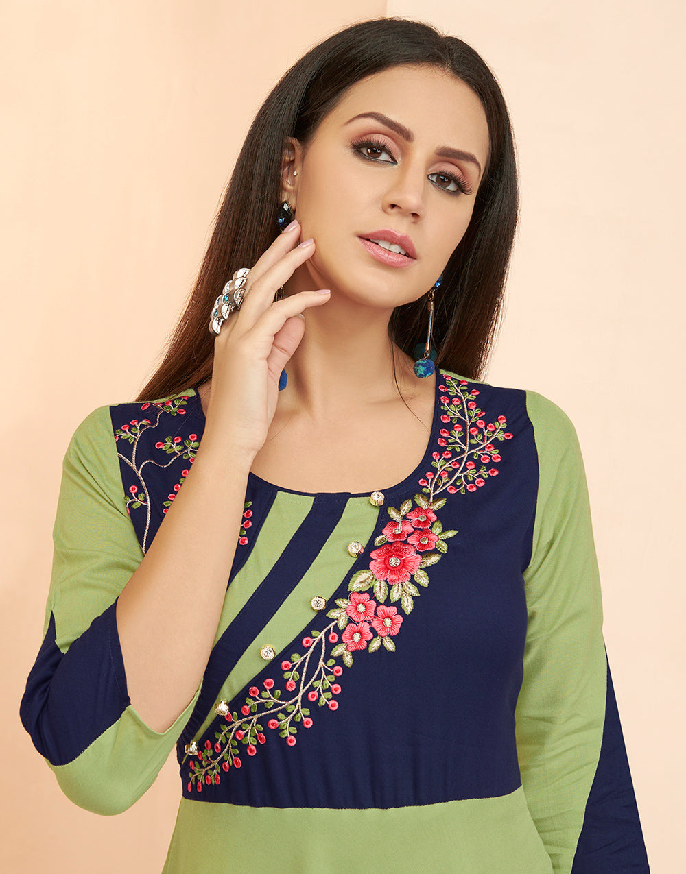 Parrot Green & Navy Blue Rayon With Heavy Embroidery Long Kurti