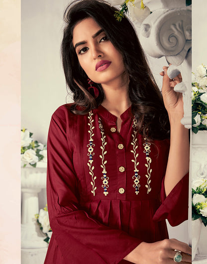 Ruby Red Rayon With Heavy Embroidery Party Wear Kurti