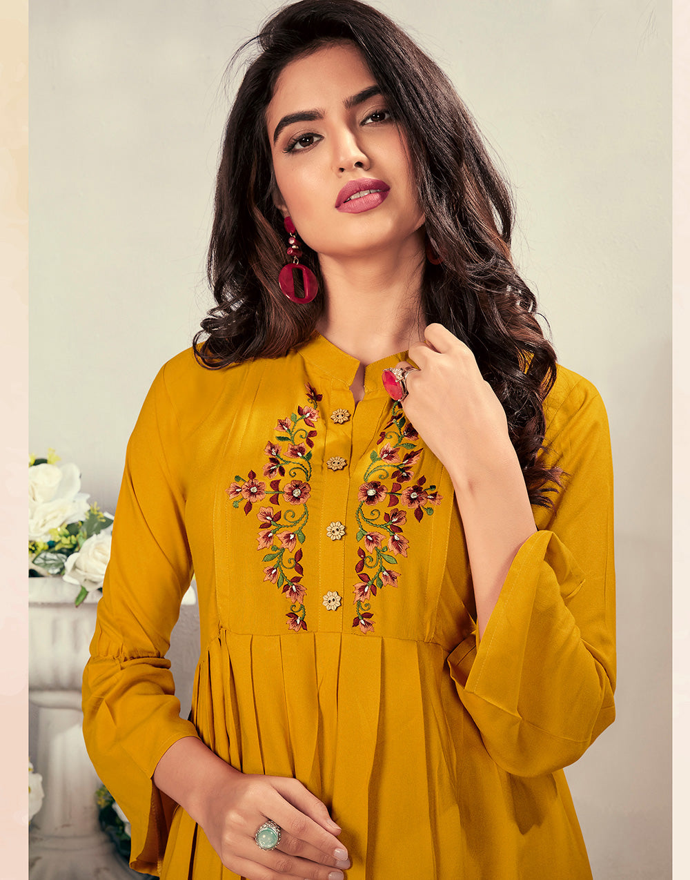 Mustard Yellow Rayon With With Heavy Embroidery Party Wear Kurti