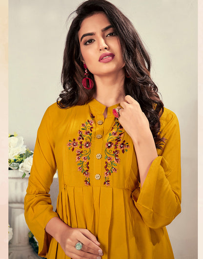 Mustard Yellow Rayon With With Heavy Embroidery Party Wear Kurti