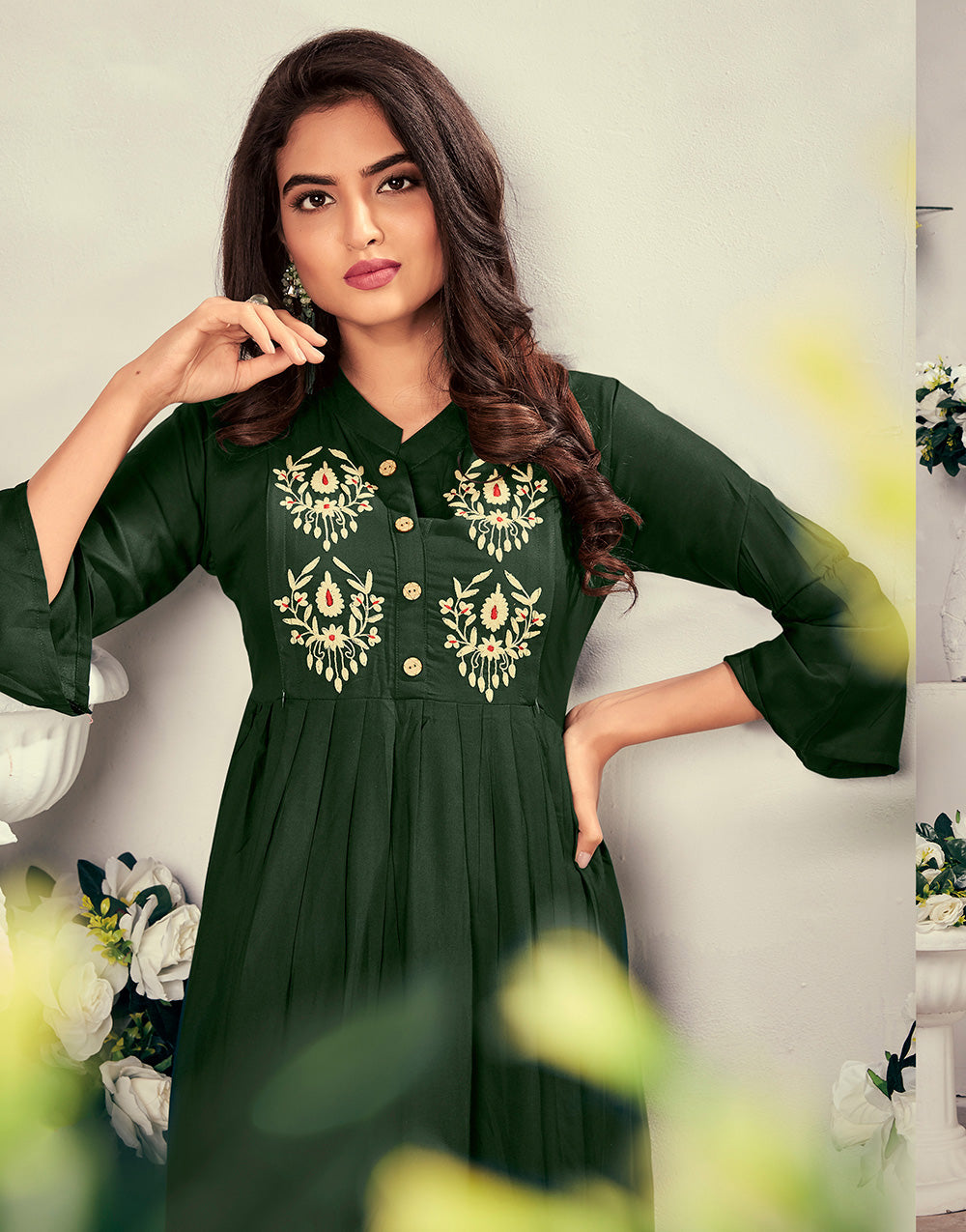 Pine Green Rayon With Heavy Embroidery Party Wear Kurti