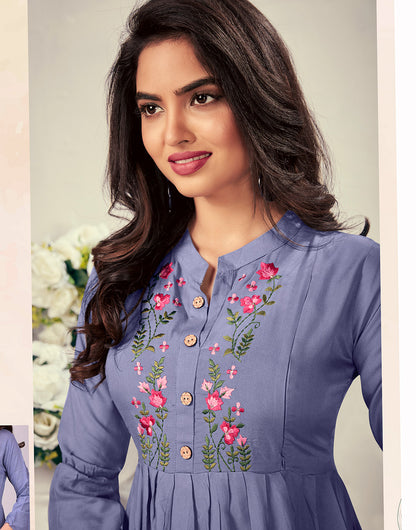 Lilac Purple Rayon With With Heavy Embroidery Party Wear Kurti