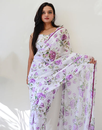 White Georgette Flower Printed Ready To Wear Saree