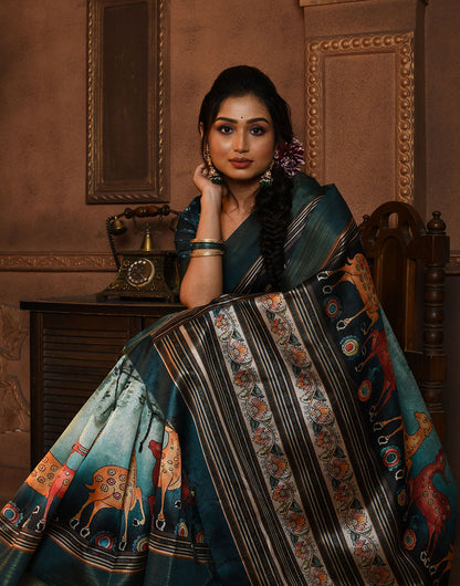 Peacock Blue Soft Tussar Silk Saree With Kalamkari Printed Work