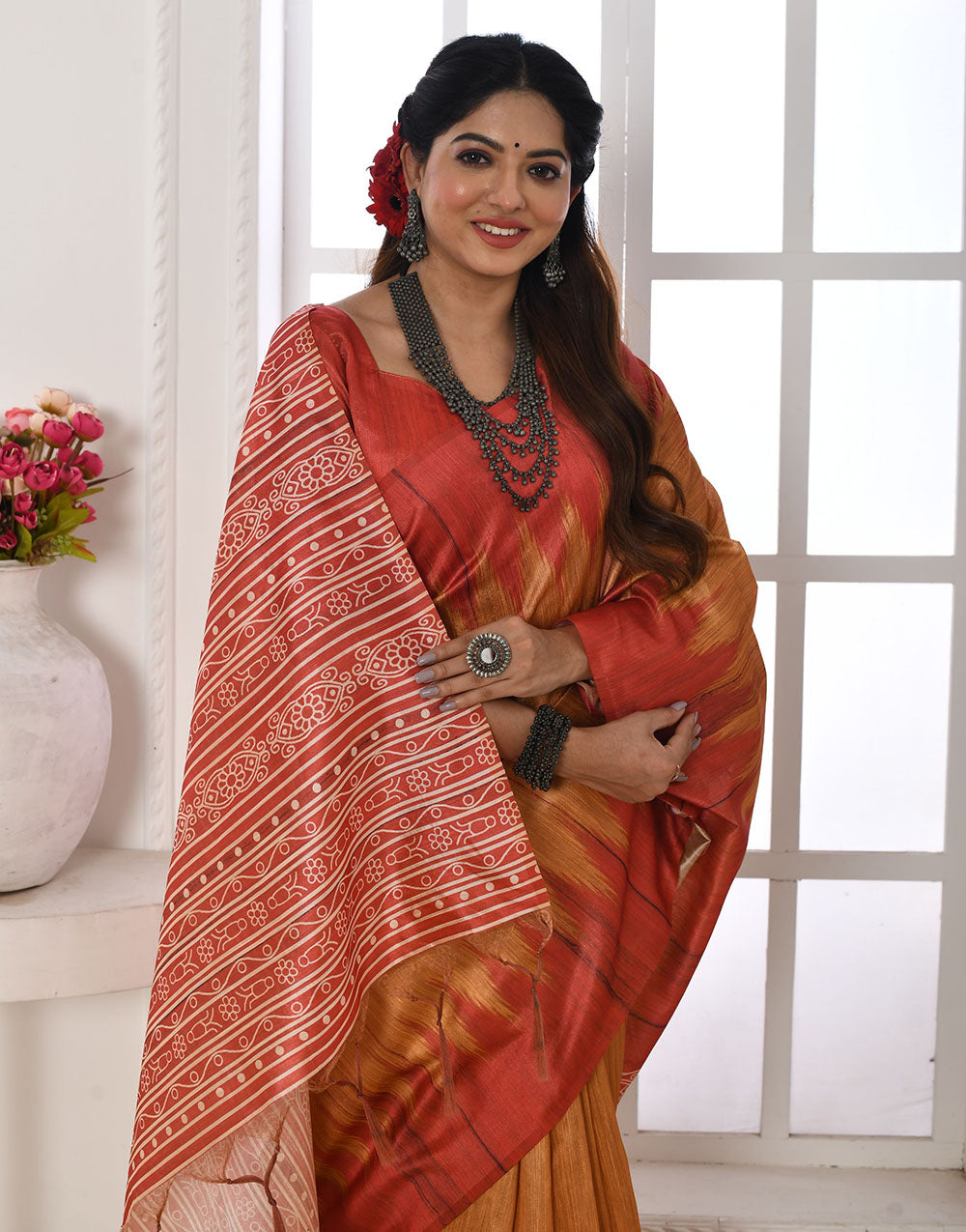 Mustard & Orange Tussar Silk Saree With Printed Work