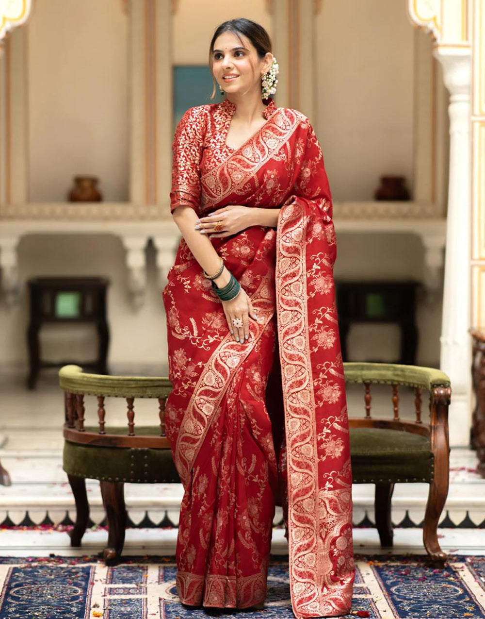 Red Banarasi Silk Saree With Zari Weaving Work