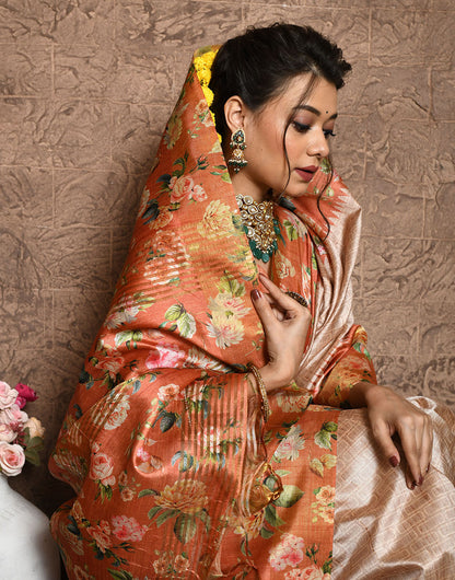 Peach Soft Tussar Silk Saree With Floral Printed Work