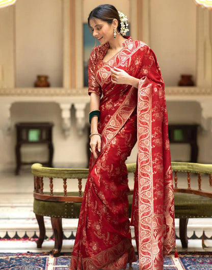 Red Banarasi Silk Saree With Zari Weaving Work