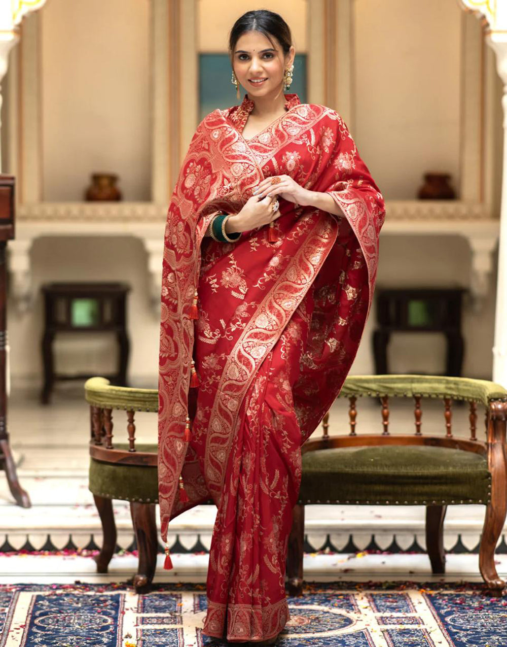 Red Banarasi Silk Saree With Zari Weaving Work