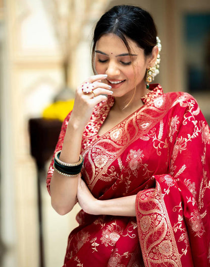 Red Banarasi Silk Saree With Zari Weaving Work