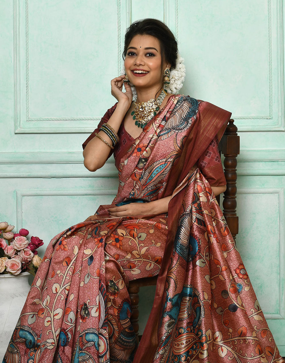 Syrah Brown Soft Tussar Silk Saree With Kalamkari Printed Work