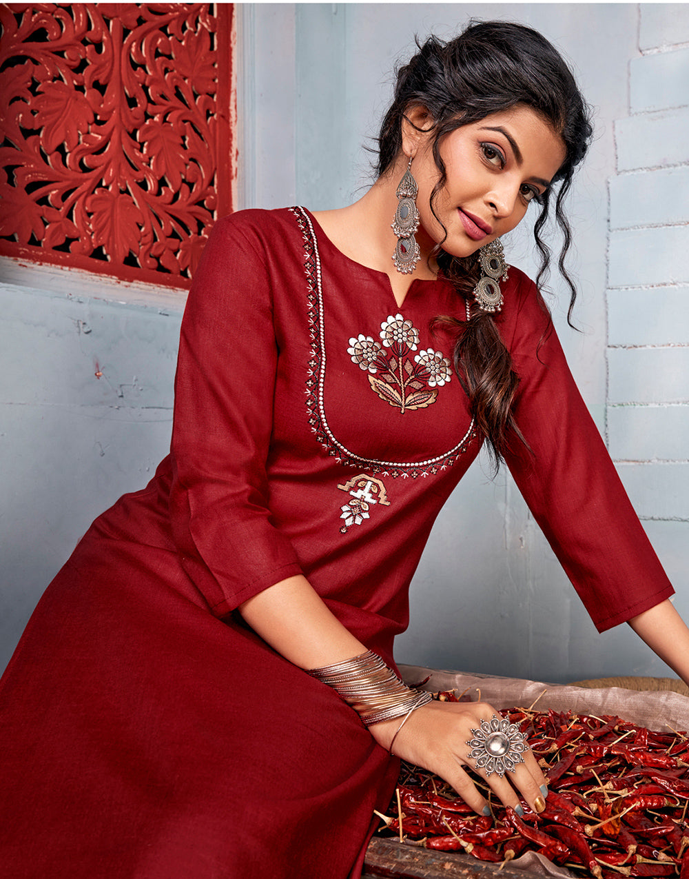 Maroon Riyon With Embroidery Work Kurti