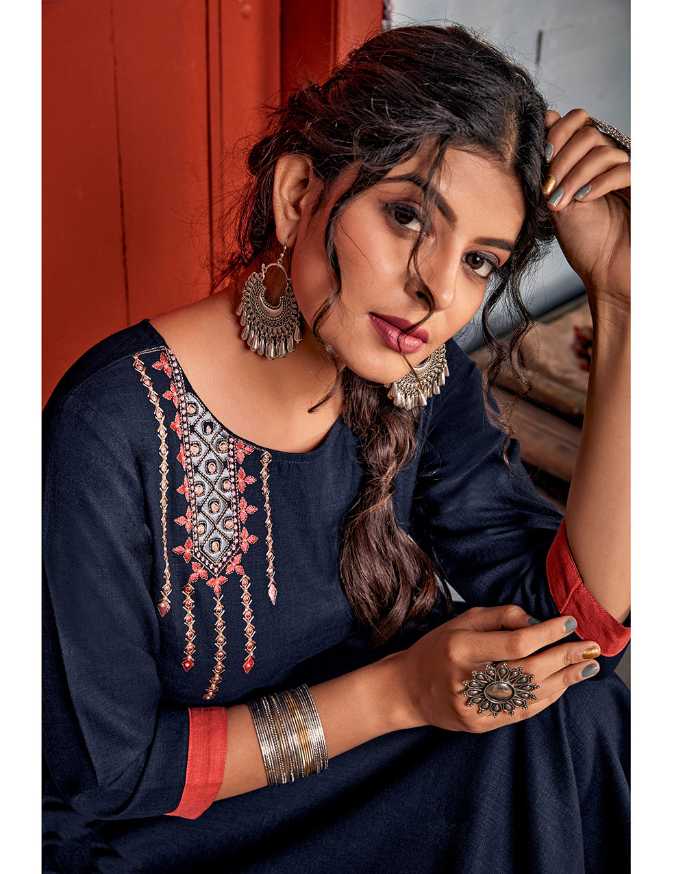 Navy Blue Rayon With Embroidery Work Kurti