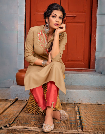 Cinnamon Brown Riyon With Embroidery Work Kurti