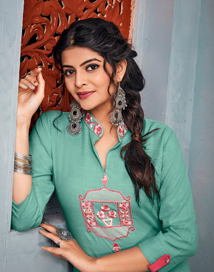 Seafoam Green Riyon With Embroidery Work Kurti