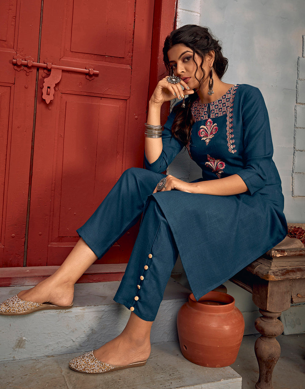 Prussian Blue Riyon With Embroidery Work Kurti