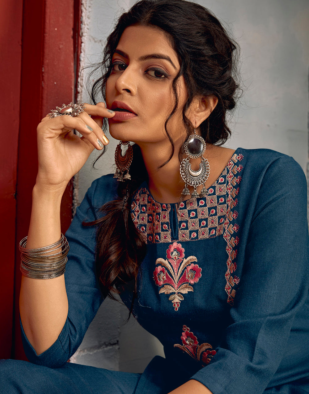 Prussian Blue Riyon With Embroidery Work Kurti