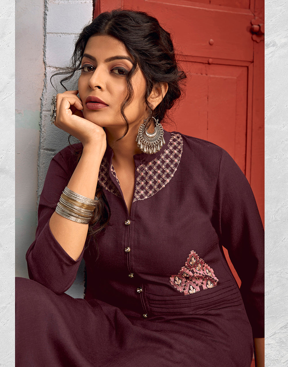 Wine Rayon With Embroidery Work Kurti