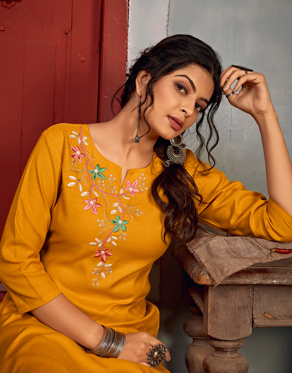 Fire Yellow Rayon With Embroidery Work Kurti