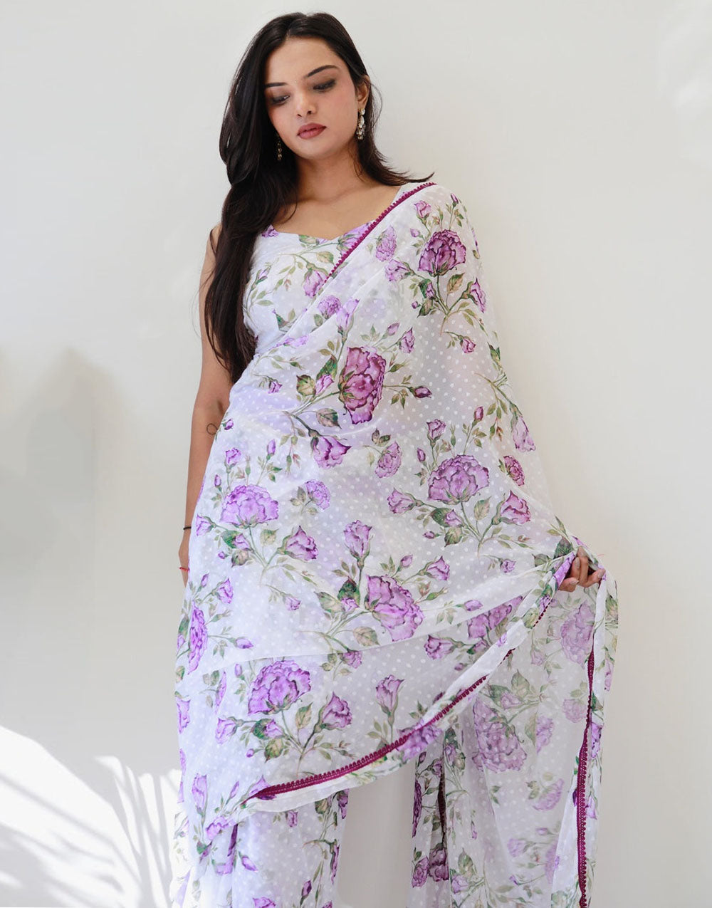 White Georgette Flower Printed Ready To Wear Saree