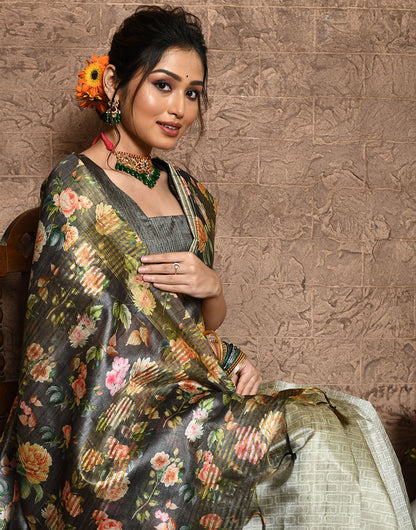 Fleecy Green Soft Tussar Silk Saree With Floral Printed Work