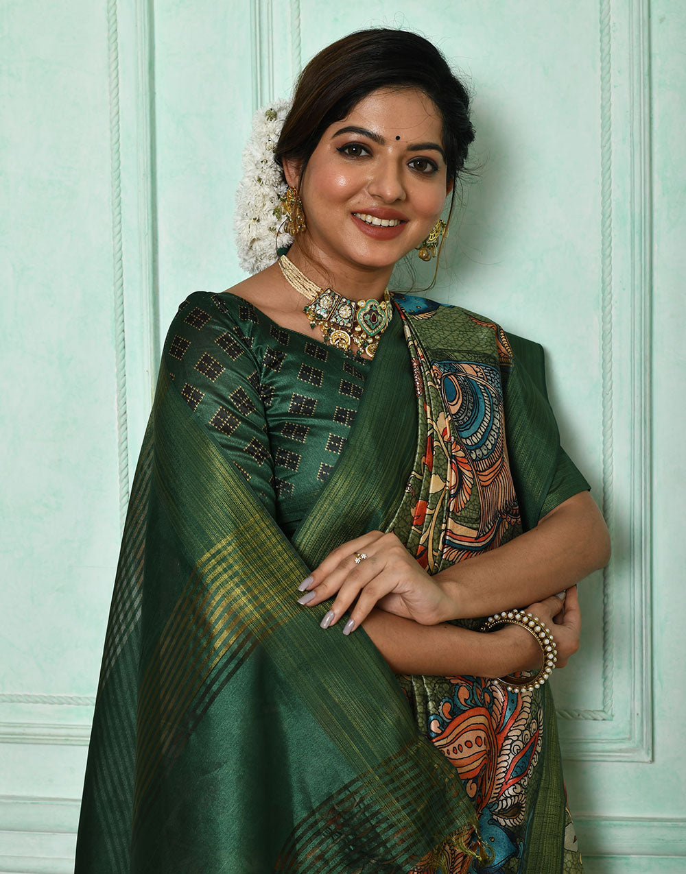 Green Soft Tussar Silk Saree With Kalamkari Printed Work