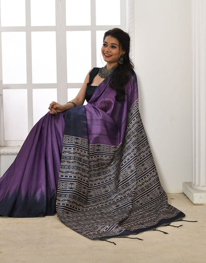 Purple Tussar Silk Saree With Printed Work