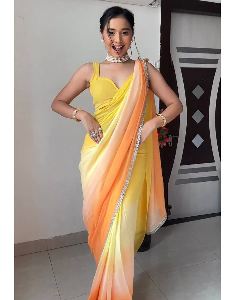 Yellow & Orange Georgette With Printed Ready to Wear Saree