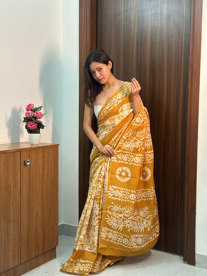 Mustard Mul Cotton Ready To Wear Saree With Pocket