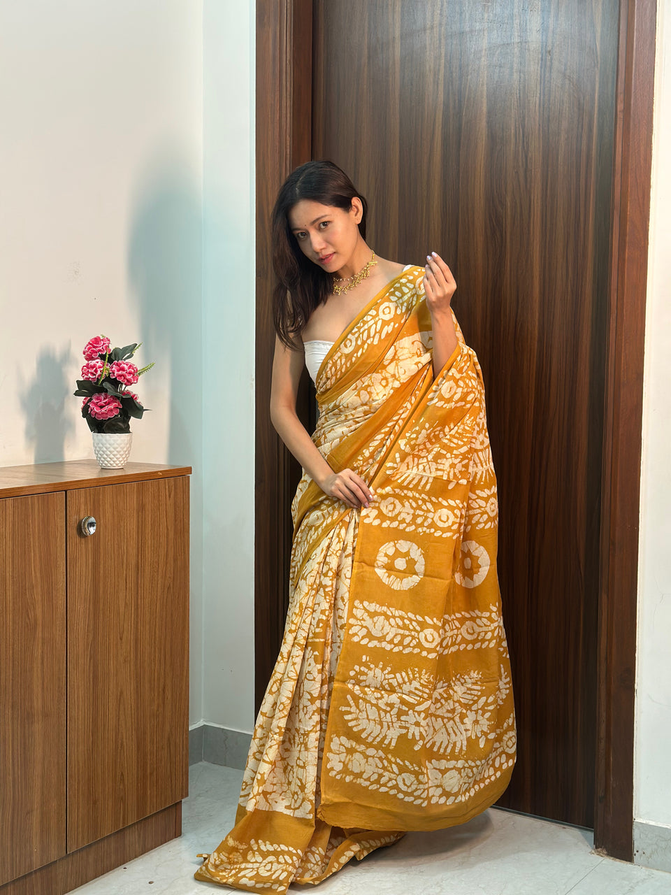 Mustard Mul Cotton Ready To Wear Saree With Pocket