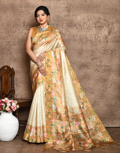 Light Yellow Soft Tussar Silk Saree With Floral Printed Work