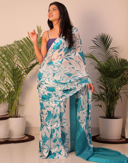 Off White & Sky Blue Georgette Printed Saree With Satin Patta