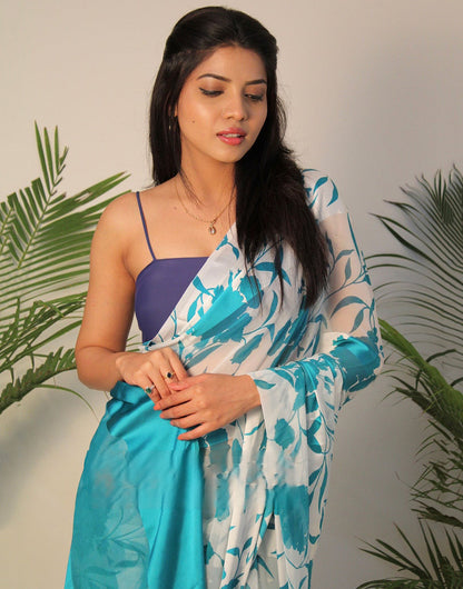 Off White & Sky Blue Georgette Printed Saree With Satin Patta