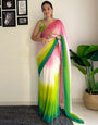 Green & Pink Georgette Saree With Printed & Cut Work Border
