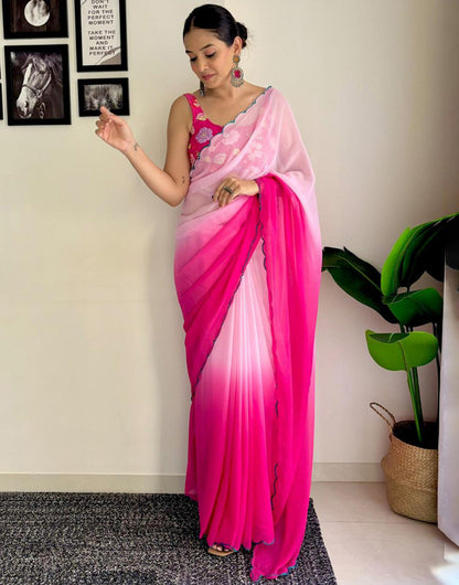 Pink Georgette Saree With Printed & Cut Work Border