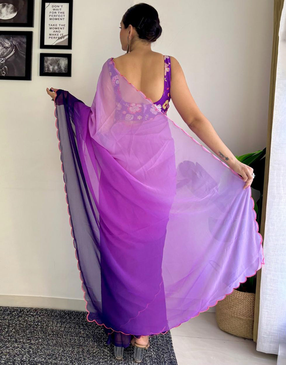Purple Georgette Saree With Printed & Cut Work Border