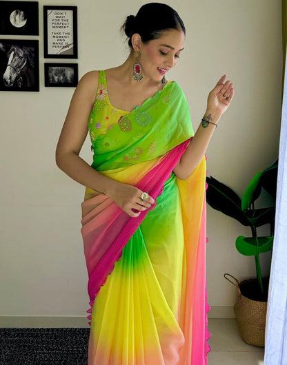 Light Green & Peach Georgette Saree With Printed & Cut Work Border