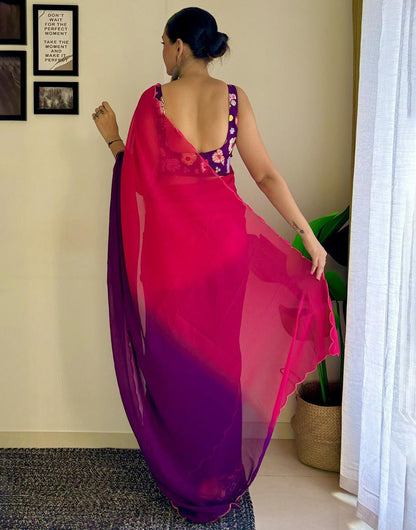 Pink & Purple Georgette Saree With Printed & Cut Work Border