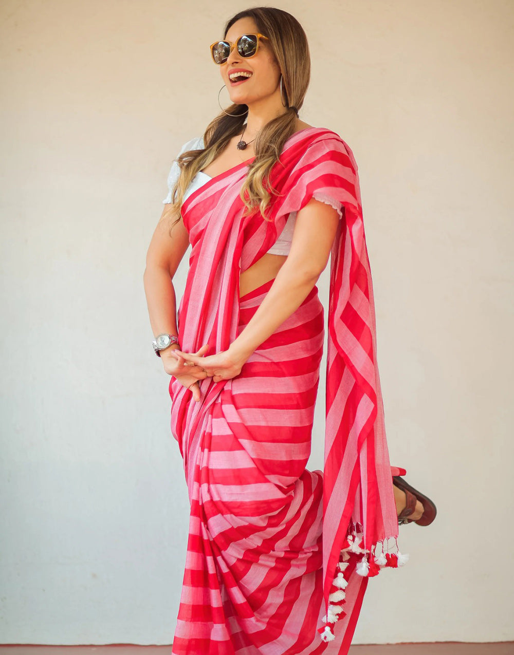 Pink Cotton Saree With Printed Work