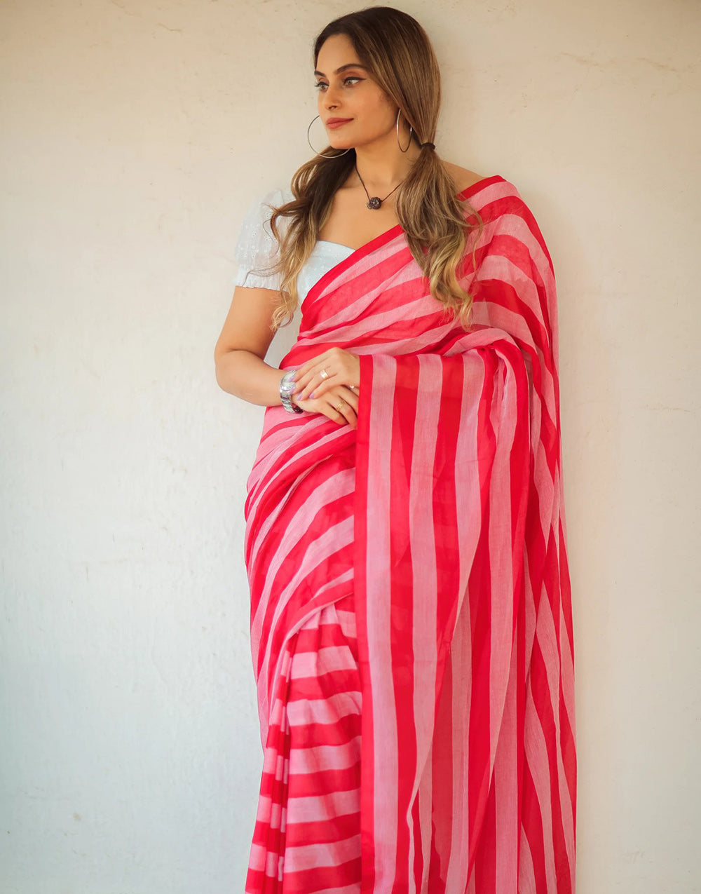 Pink Cotton Saree With Printed Work