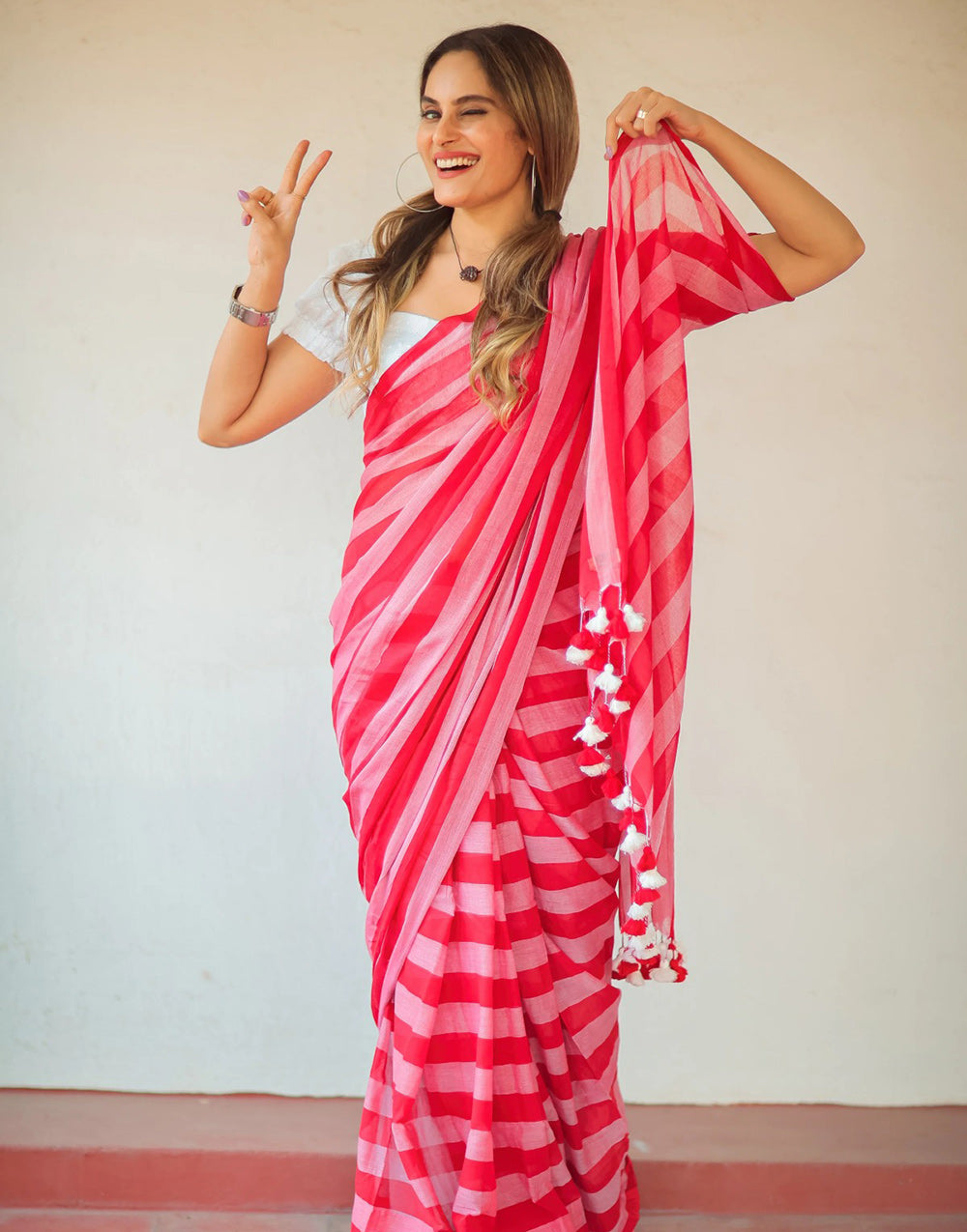 Pink Cotton Saree With Printed Work