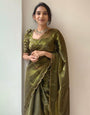 Olive Green Organza Saree With Aari Border & Sequence Work Blouse